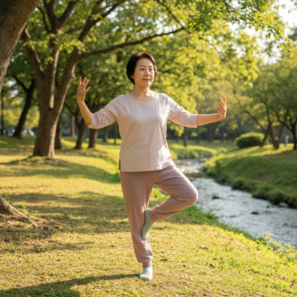 Mature adult demonstrating balance exercise